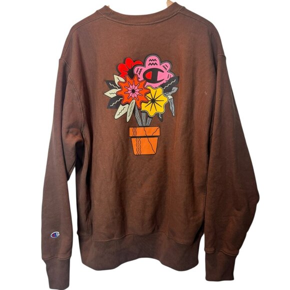 Champion x Flower Graphic Crewneck Sweatshirt Brown XL – Oversized Streetwear Vi - Picture 2 of 2
